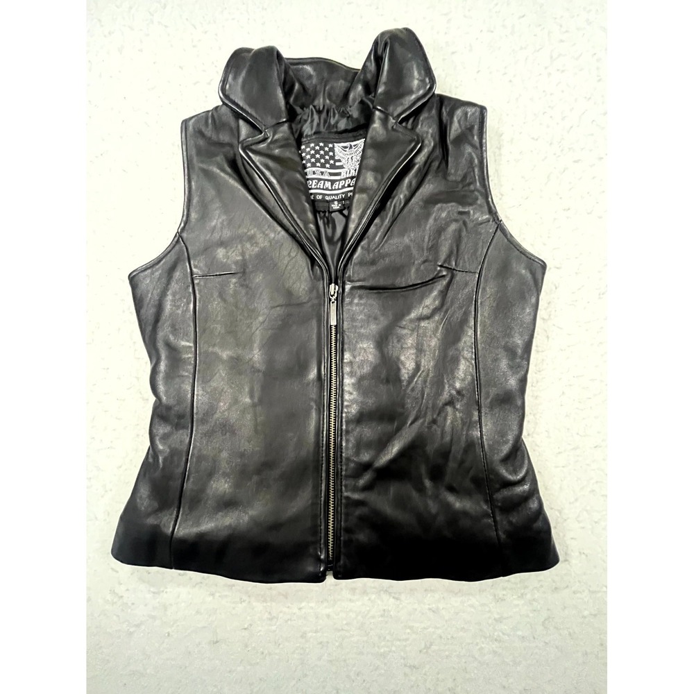 Dream Apparel Leather Biker Vest Womens Small Black Motorcycle Padded Full Zip‎